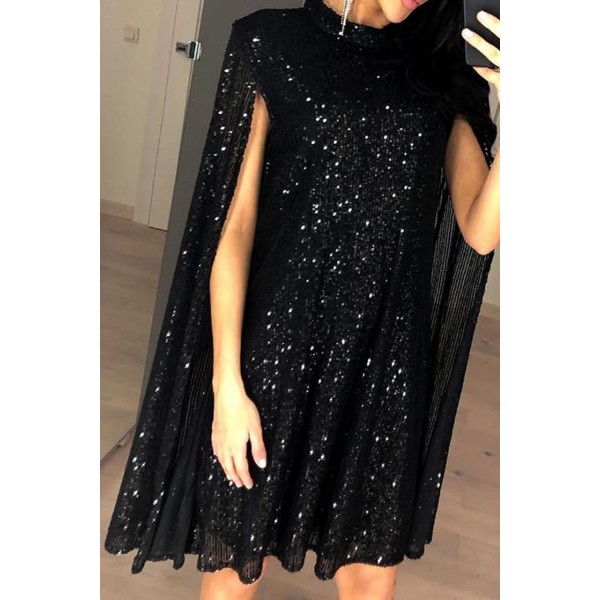 Black Glitter Mock Neck Cape Design Sequins Dress