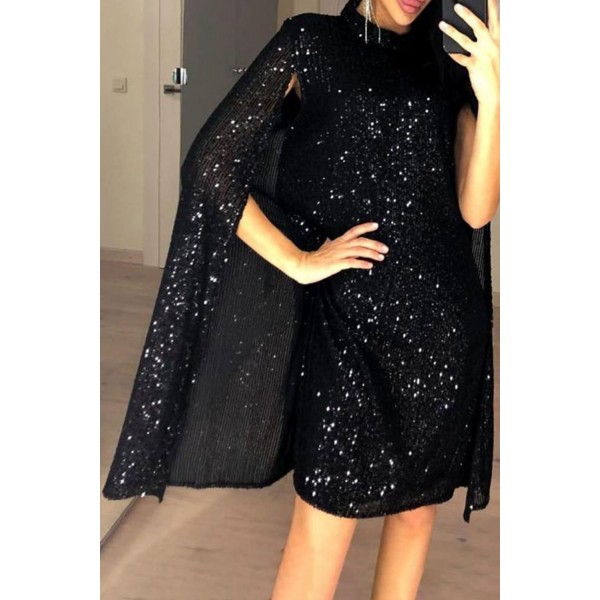 Black Glitter Mock Neck Cape Design Sequins Dress
