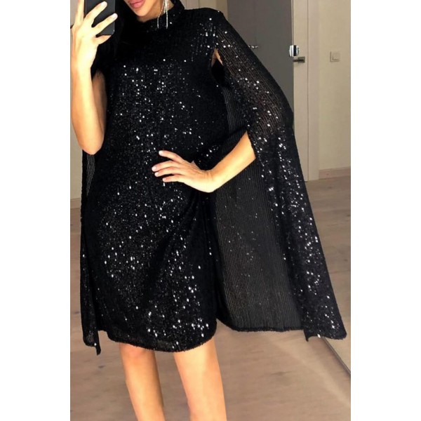Black Glitter Mock Neck Cape Design Sequins Dress