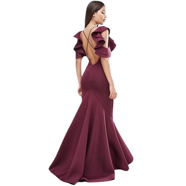 Burgundy Celeb Style Ruffle Extreme Fishtail Maxi Dress