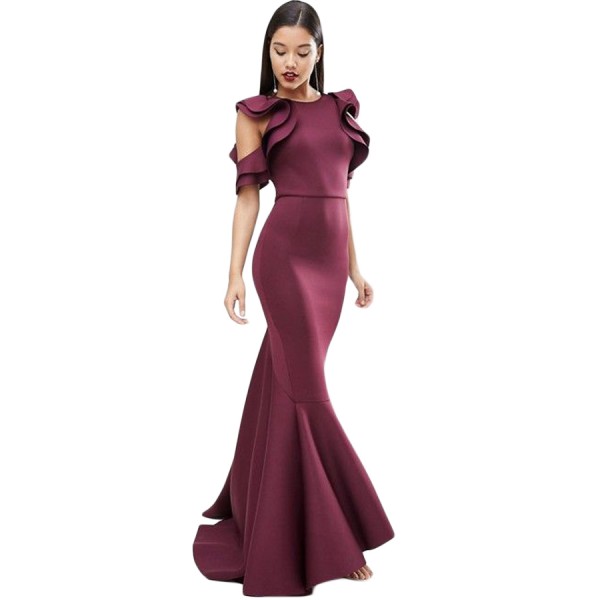 Burgundy Celeb Style Ruffle Extreme Fishtail Maxi Dress