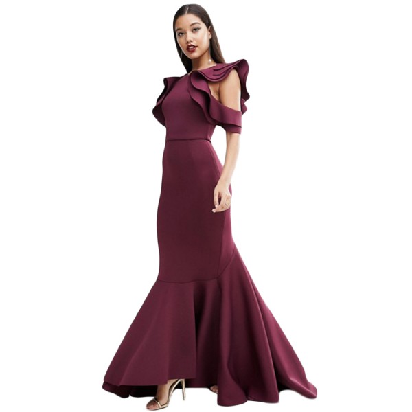 Burgundy Celeb Style Ruffle Extreme Fishtail Maxi Dress