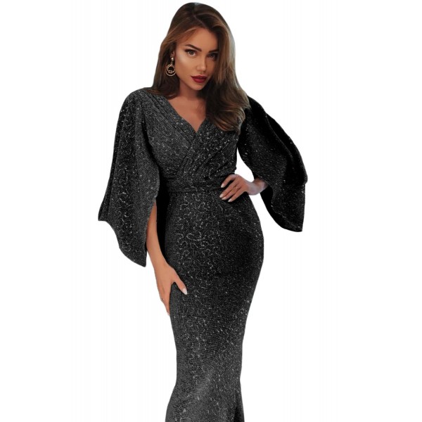 Black Sequin Butterfly Sleeve Floor Length Party Gown