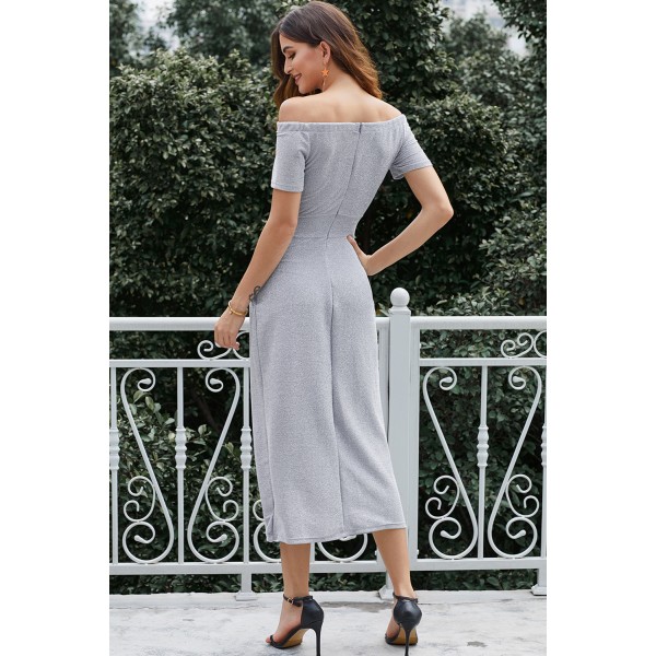 Gray Off Shoulder Short Sleeve Metallic Slit Party Dress