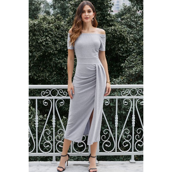 Gray Off Shoulder Short Sleeve Metallic Slit Party Dress