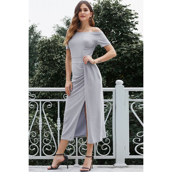Gray Off Shoulder Short Sleeve Metallic Slit Party Dress