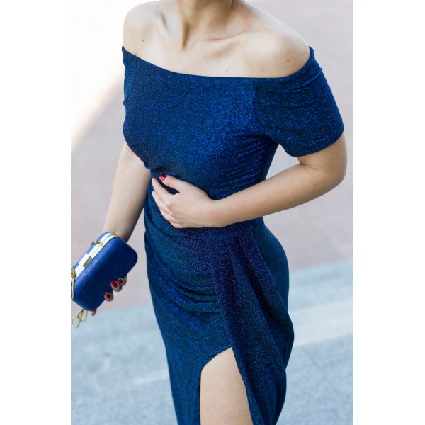 Blue Off Shoulder Short Sleeve Metallic Slit Party Dress