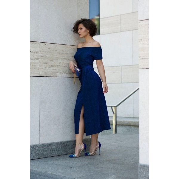 Blue Off Shoulder Short Sleeve Metallic Slit Party Dress