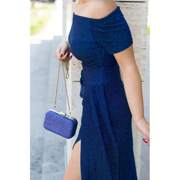 Blue Off Shoulder Short Sleeve Metallic Slit Party Dress