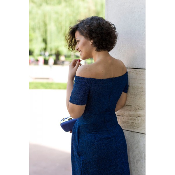 Blue Off Shoulder Short Sleeve Metallic Slit Party Dress