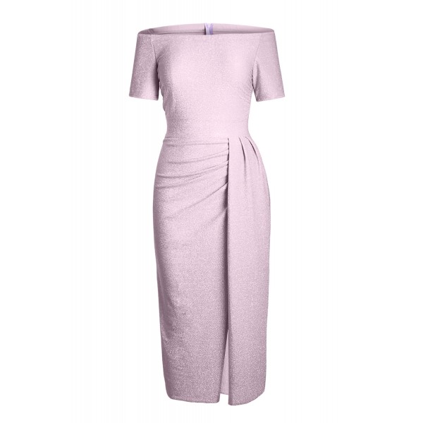 Purple Off Shoulder Short Sleeve Metallic Slit Party Dress