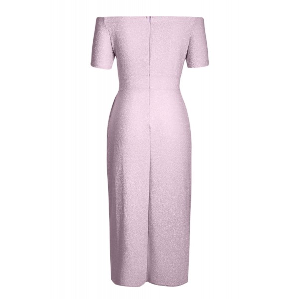 Purple Off Shoulder Short Sleeve Metallic Slit Party Dress