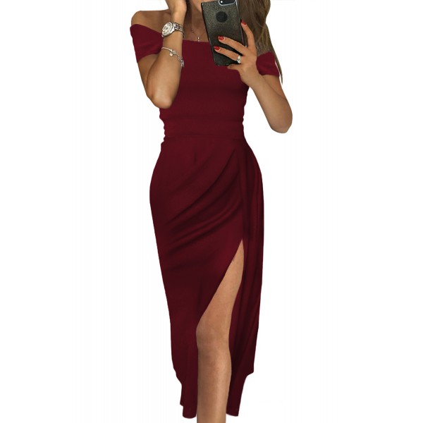 Red Off Shoulder Short Sleeve Party Dress