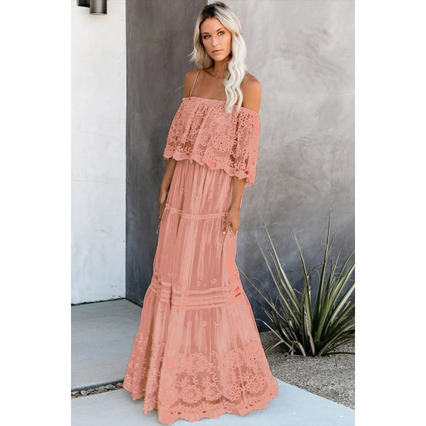 Pink Flower Child Off The Shoulder Lace Maxi Dress