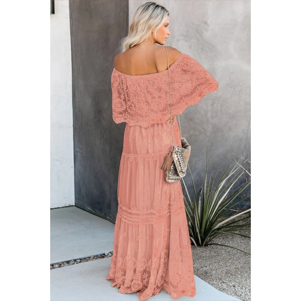Pink Flower Child Off The Shoulder Lace Maxi Dress