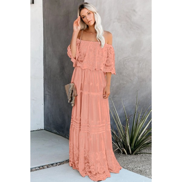 Pink Flower Child Off The Shoulder Lace Maxi Dress