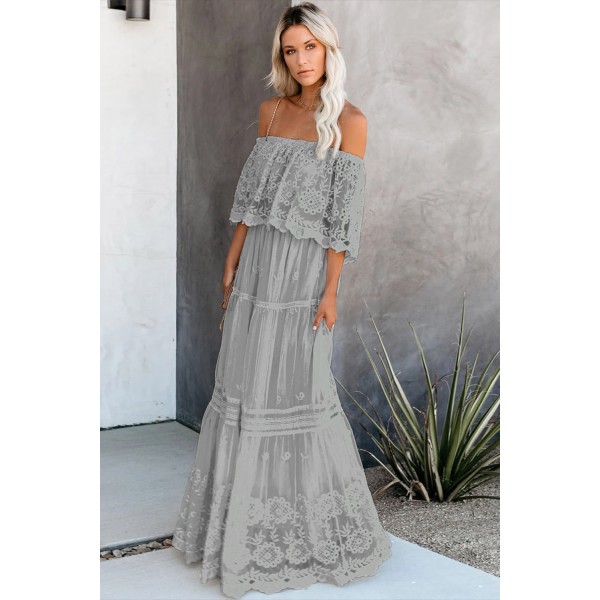 Gray Flower Child Off The Shoulder Lace Maxi Dress