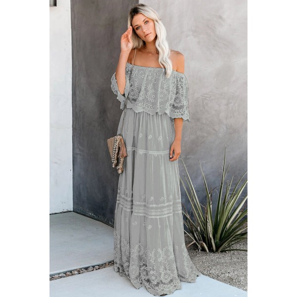 Gray Flower Child Off The Shoulder Lace Maxi Dress