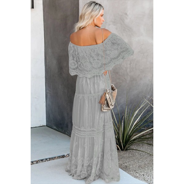 Gray Flower Child Off The Shoulder Lace Maxi Dress