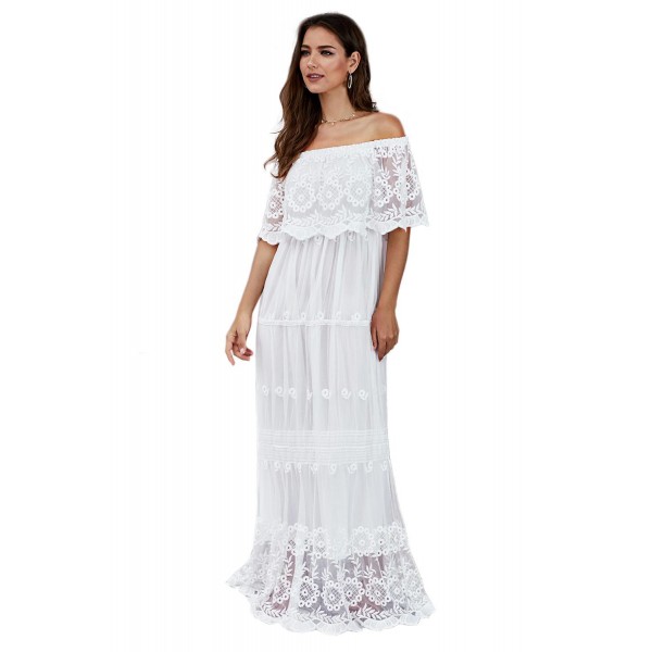 White Flower Child Off The Shoulder Lace Maxi Dress