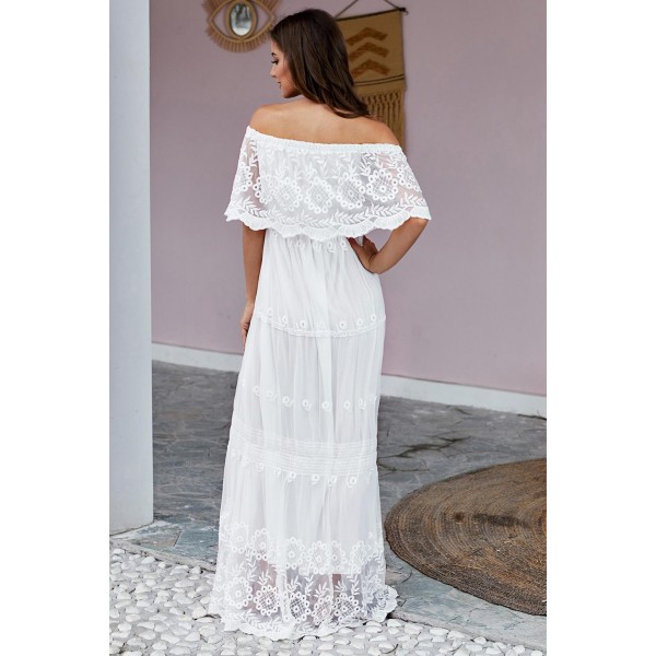 White Flower Child Off The Shoulder Lace Maxi Dress