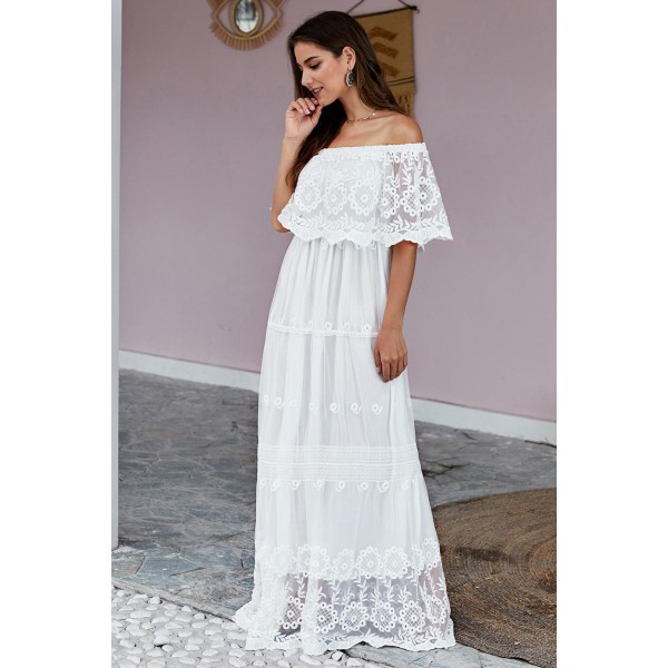 White Flower Child Off The Shoulder Lace Maxi Dress