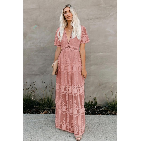 Pink Floral Lace Maxi Dress