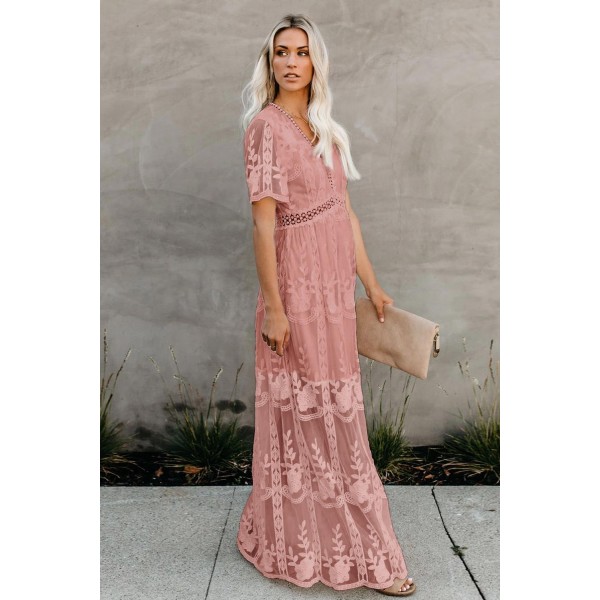 Pink Floral Lace Maxi Dress