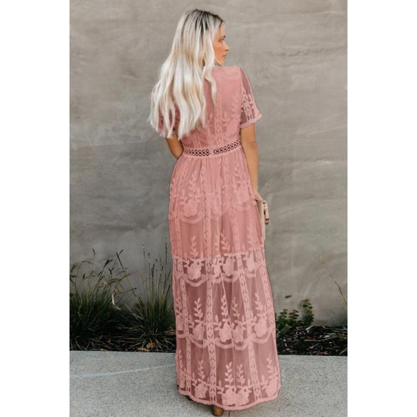 Pink Floral Lace Maxi Dress