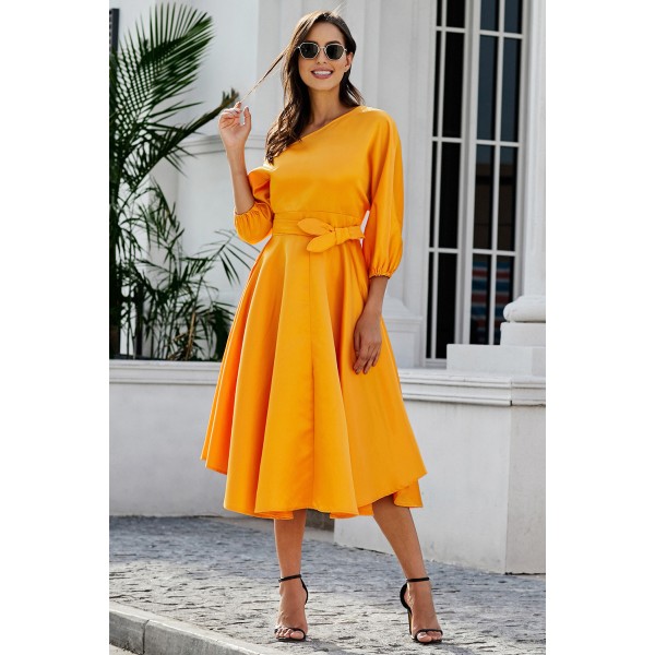 Orange One-shoulder Waist Cincher Puffy Party Dress