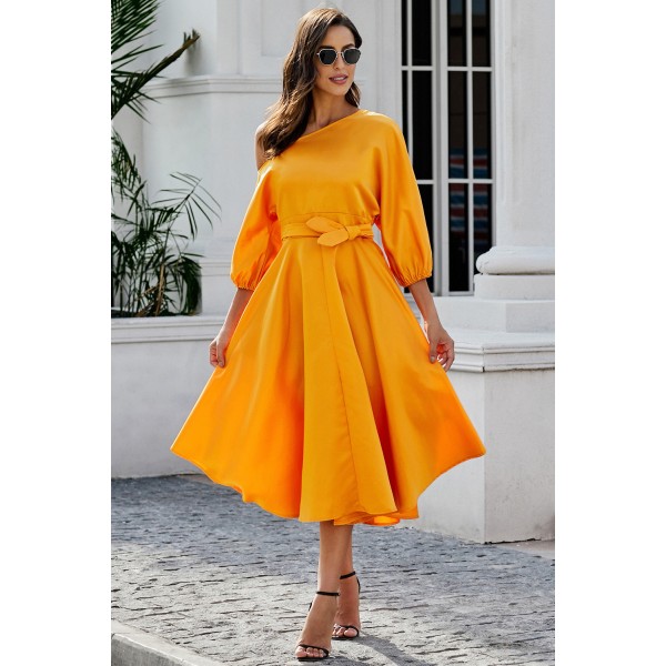 Orange One-shoulder Waist Cincher Puffy Party Dress