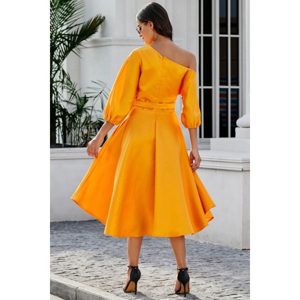 Orange One-shoulder Waist Cincher Puffy Party Dress