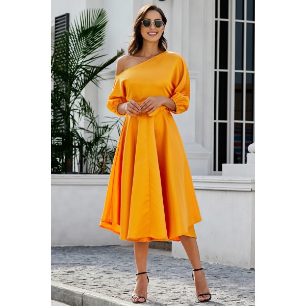 Orange One-shoulder Waist Cincher Puffy Party Dress