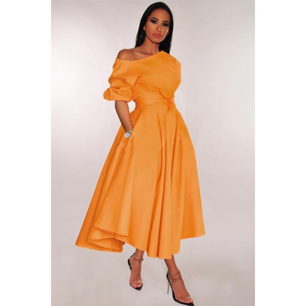 Orange One-shoulder Waist Cincher Puffy Party Dress