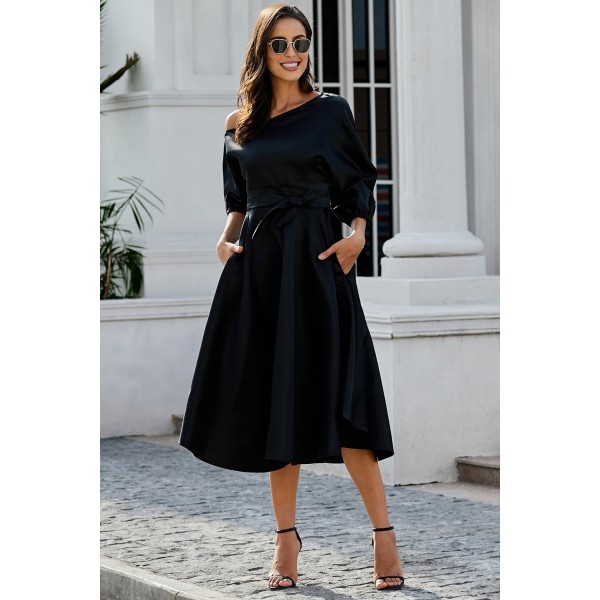Black One-shoulder Waist Cincher Puffy Party Dress