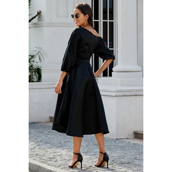 Black One-shoulder Waist Cincher Puffy Party Dress