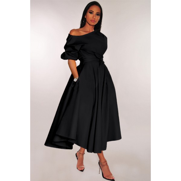 Black One-shoulder Waist Cincher Puffy Party Dress