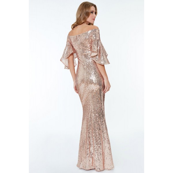 Apricot Off The Shoulder Sequined Maxi Dress