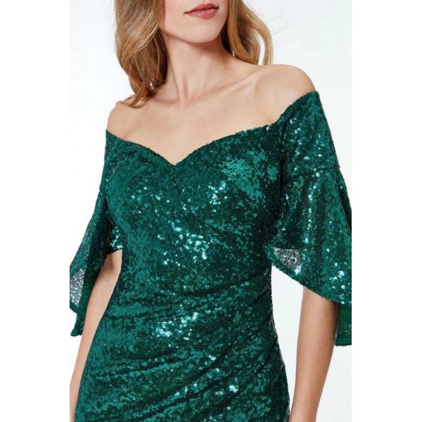Green Off The Shoulder Sequined Maxi Dress