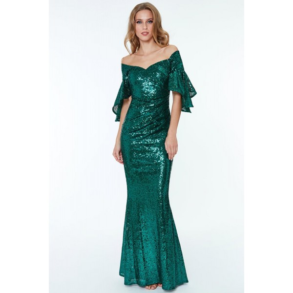 Green Off The Shoulder Sequined Maxi Dress