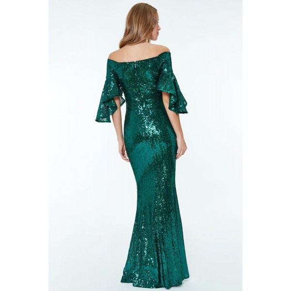Green Off The Shoulder Sequined Maxi Dress