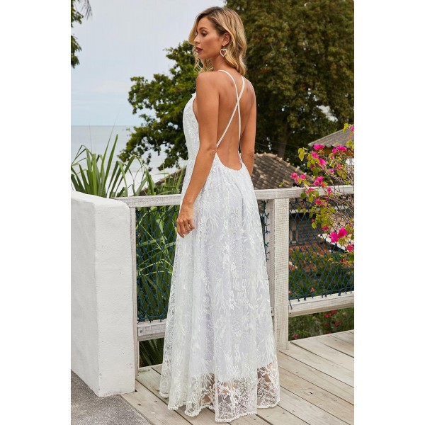 White Wedding Day Ball Party Lace Maxi Dress