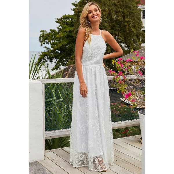 White Wedding Day Ball Party Lace Maxi Dress