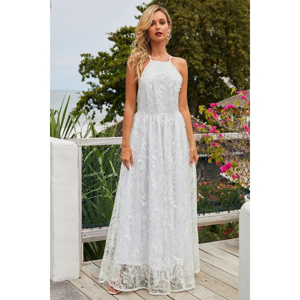 White Wedding Day Ball Party Lace Maxi Dress