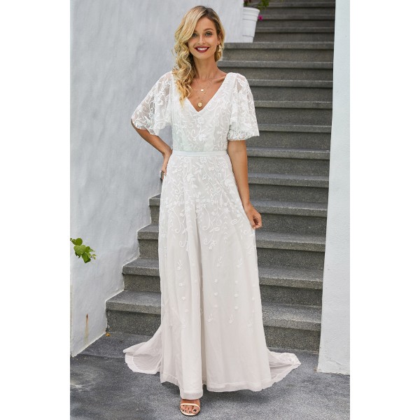 Boho V Neck Lantern Ruffle Sleeve Lace Wedding Dress