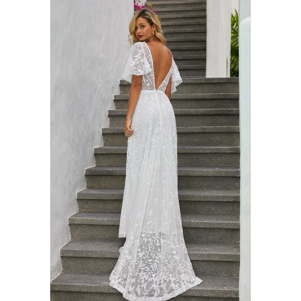 Boho V Neck Lantern Ruffle Sleeve Lace Wedding Dress