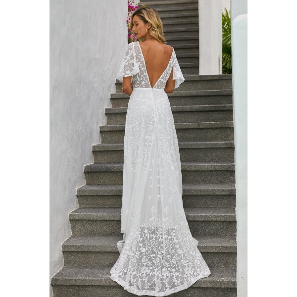 Boho V Neck Lantern Ruffle Sleeve Lace Wedding Dress