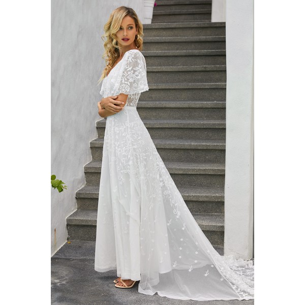 Boho V Neck Lantern Ruffle Sleeve Lace Wedding Dress