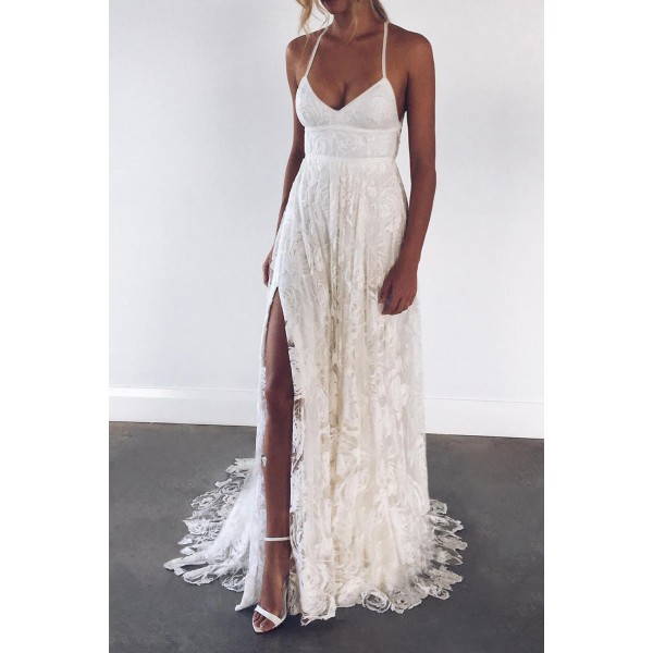 A-line Spaghetti Straps Lace Wedding Dress