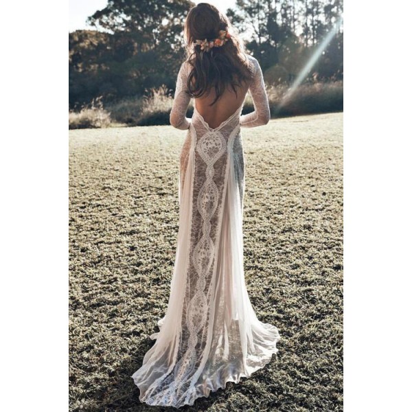 Dreamy Long Sleeve Floral Lace Wedding Party Dress